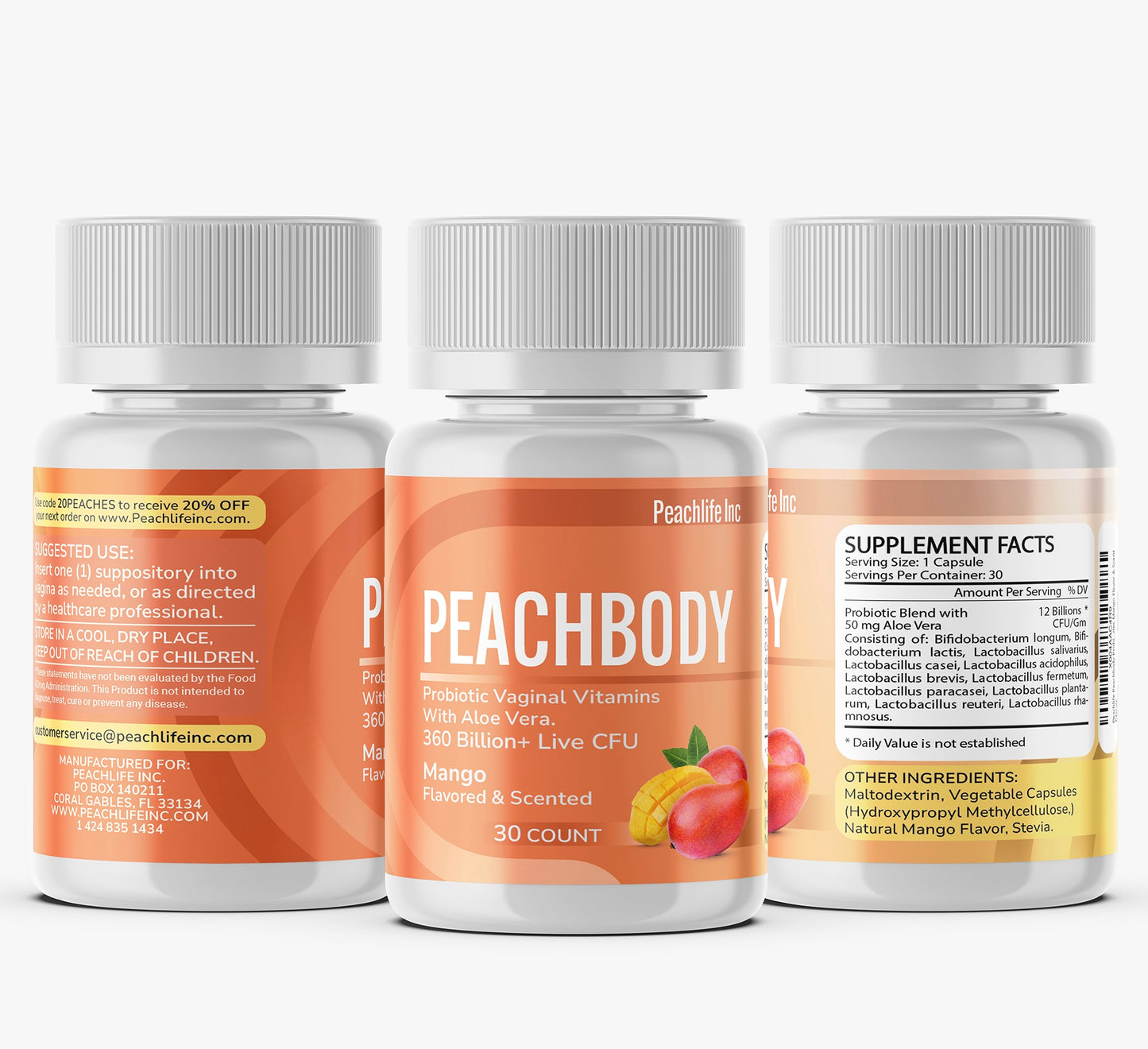 Peachlife Flavored & Scented Probiotic Suppositories with Aloe Vera - 11 Strains - Peachbody