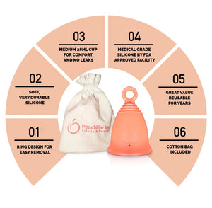 Peachlife Menstrual Cup with Ring Handle - Easy Removal - 12 Hour No Spill Pad and Tampon Alternative - Medical Grade Silicon